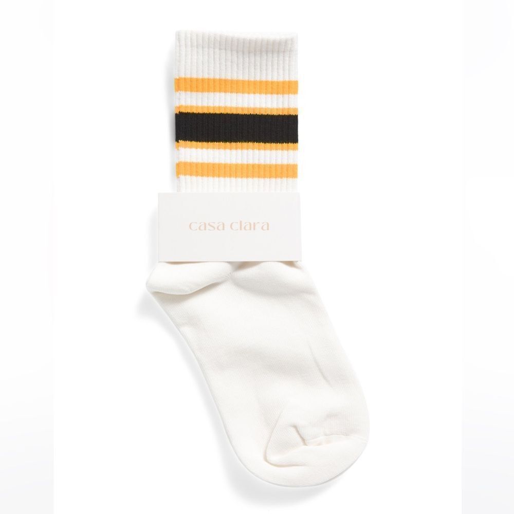 casa clara Rugby White Gold Black Ribbed Varsity Stripe Cotton Crew Socks